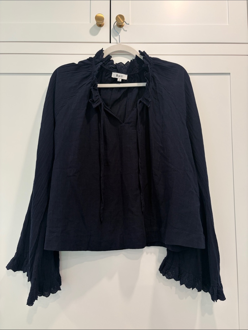 Boii Studios Navy Ruffle Tie-Neck Blouse